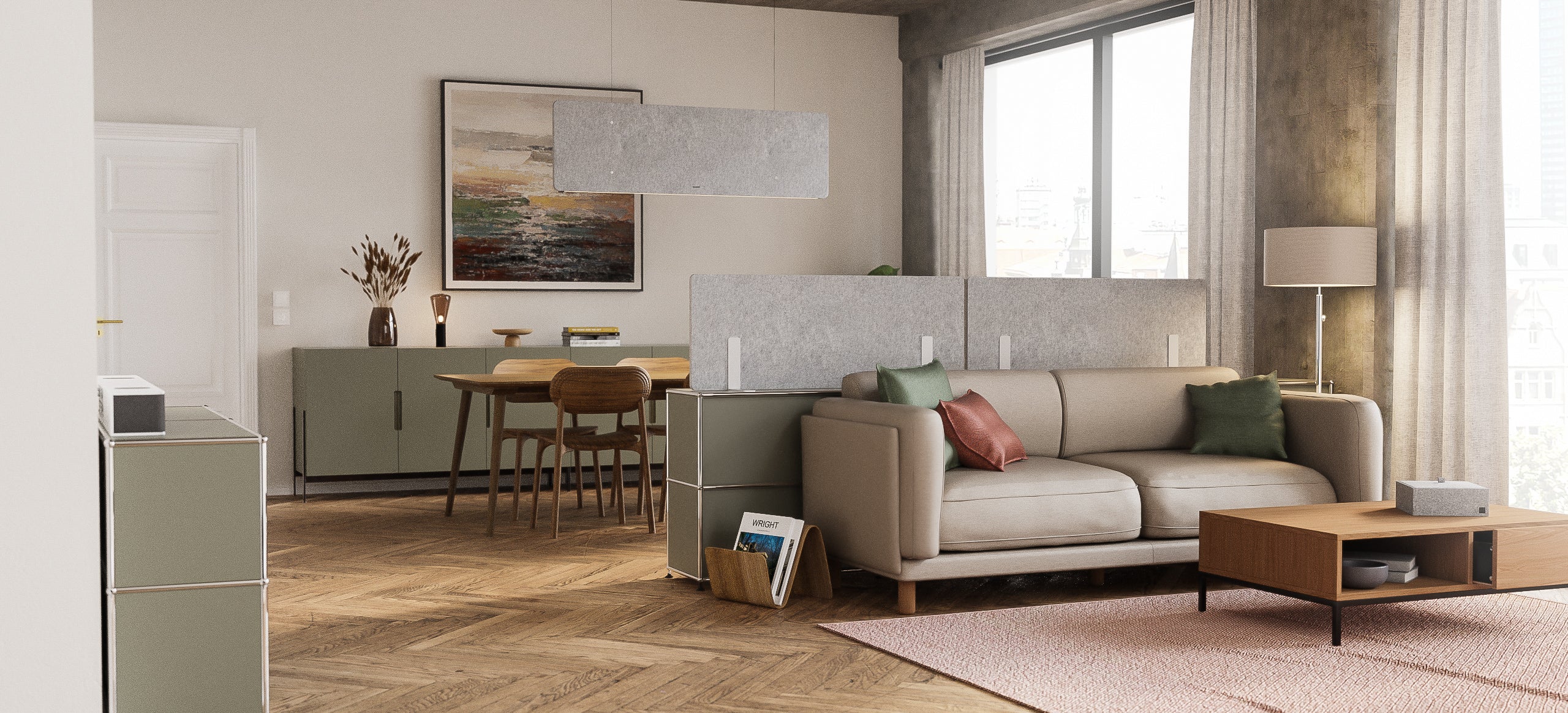 Raumteiler Lounge, Büro und Essbereich durch Akustikplatte, Regalaufsatz